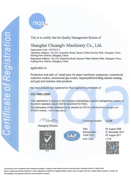 China Shanghai Chuanglv Catering Equipment Co., Ltd certificaten